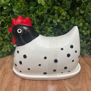 Boston Warehouse Butter Dish NWT with Black Polka Dots & Red ceramic Rooster